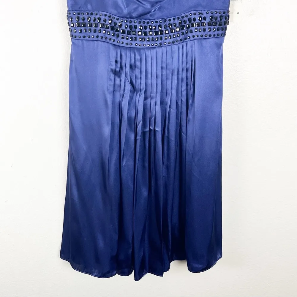 ELIZA J Navy Pleated Skirt Jeweled Waist Draped Neckline Back Zipper Dress 8 - Image 5