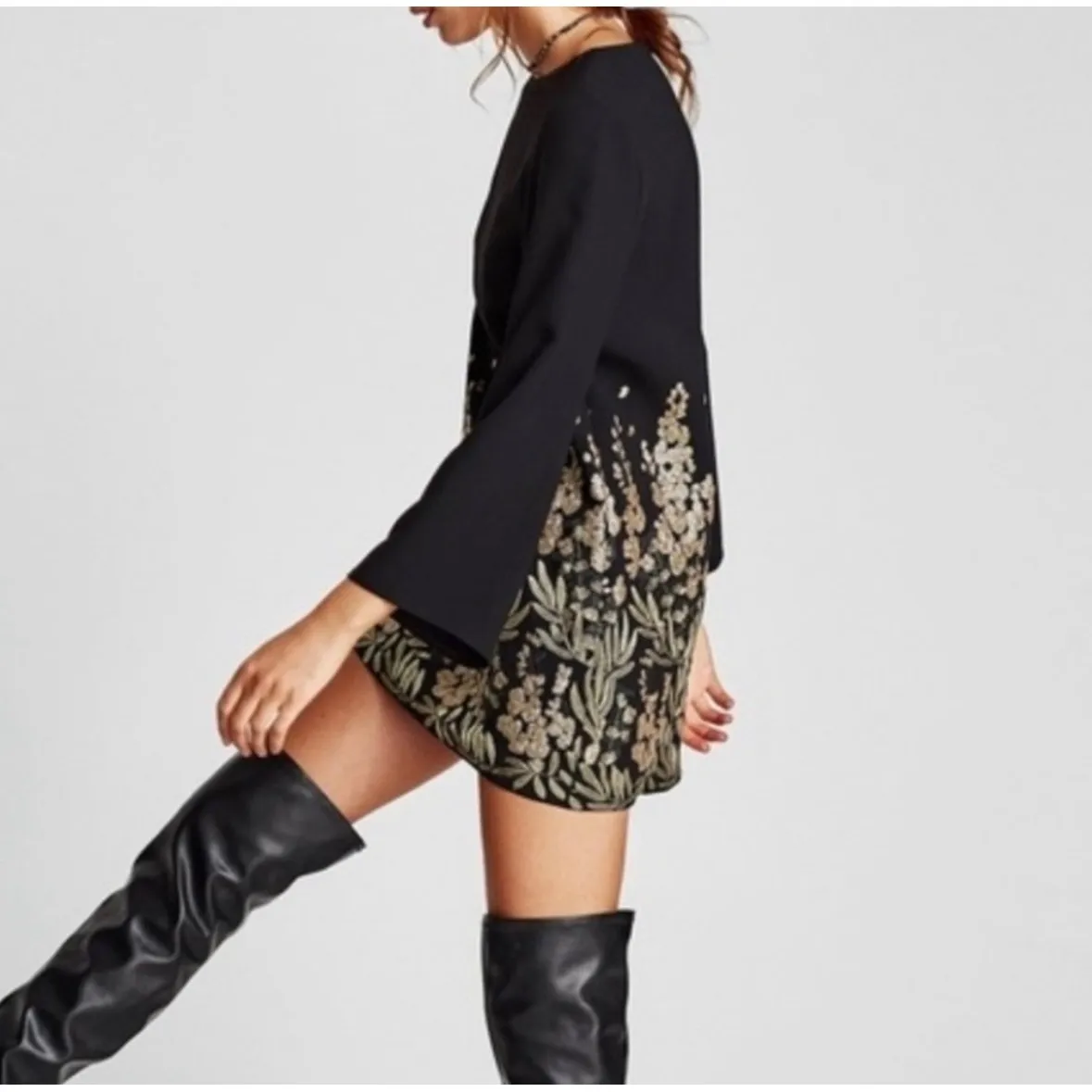 Zara Black Bell Sleeve Shift Dress Gold Floral Sequin Embellished Boho Size Med - Image 10