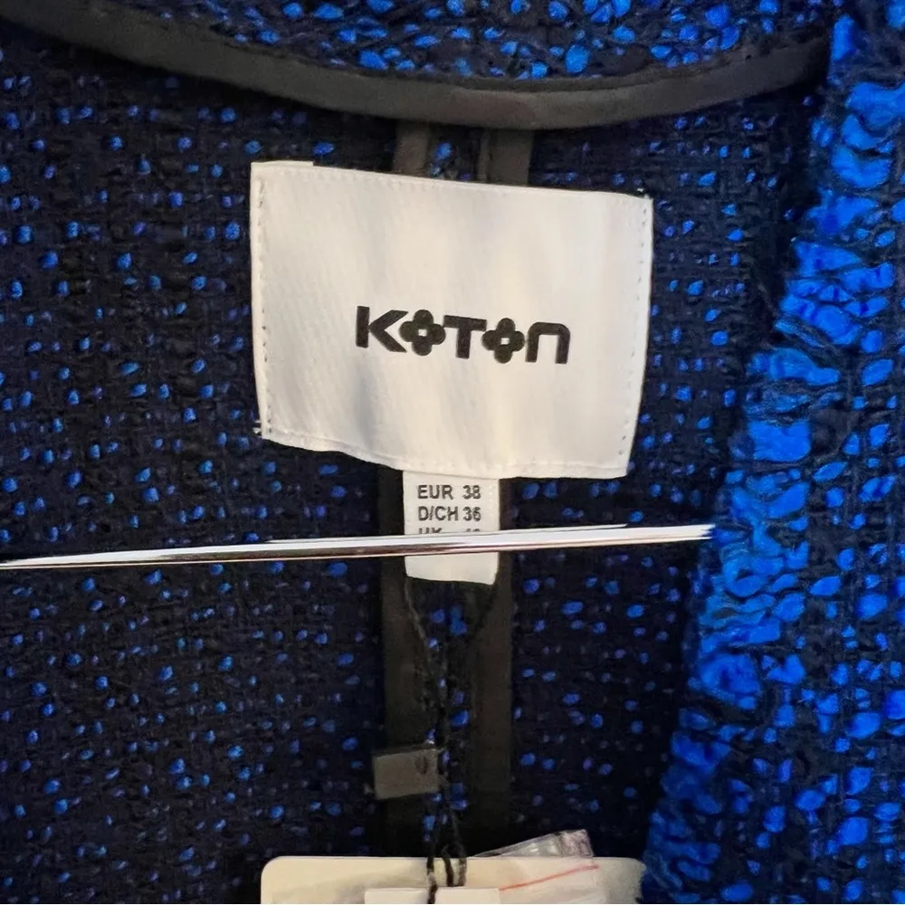 Koton Blue/Black Plaid Tweed Midi Lightweight Coat Formal Pearl Accents NEW Blue Size M - Image 15