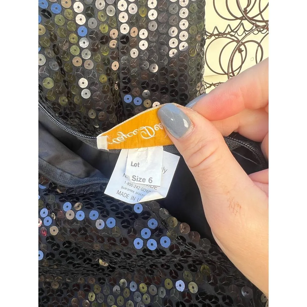 Vintage 80s Alyce Designs Green Black Sequin Ruffle Prom Ball Gown Mardi Gras XS - Image 7