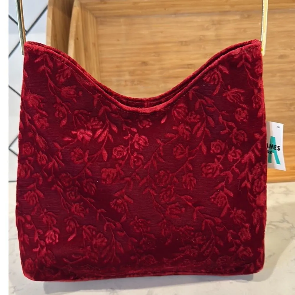 Daniel Ames red velvet floral brocade gold tone shoulder strap old Hollywood - Image 4