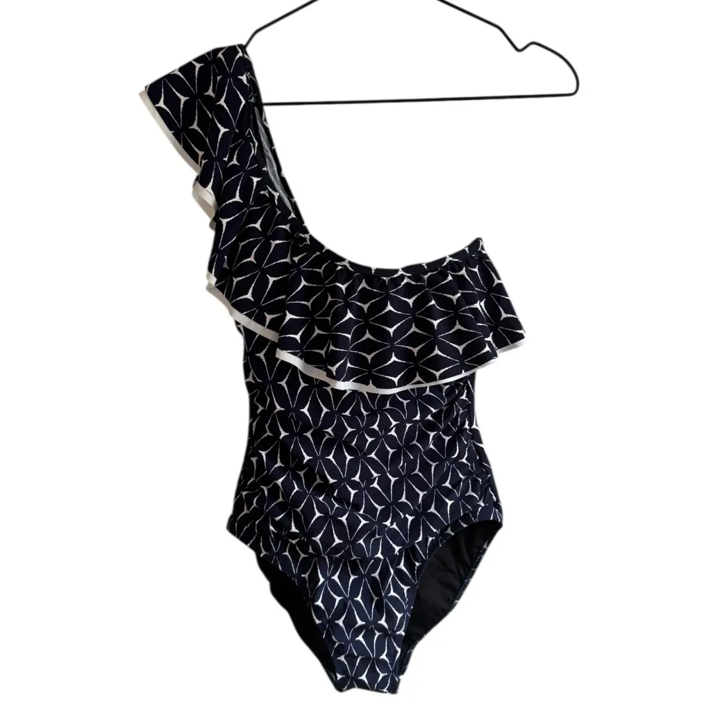 Profile by Gottex Ruffle‎ One Shoulder One Piece 10 Navy Blue White Swimsuit - Image 4