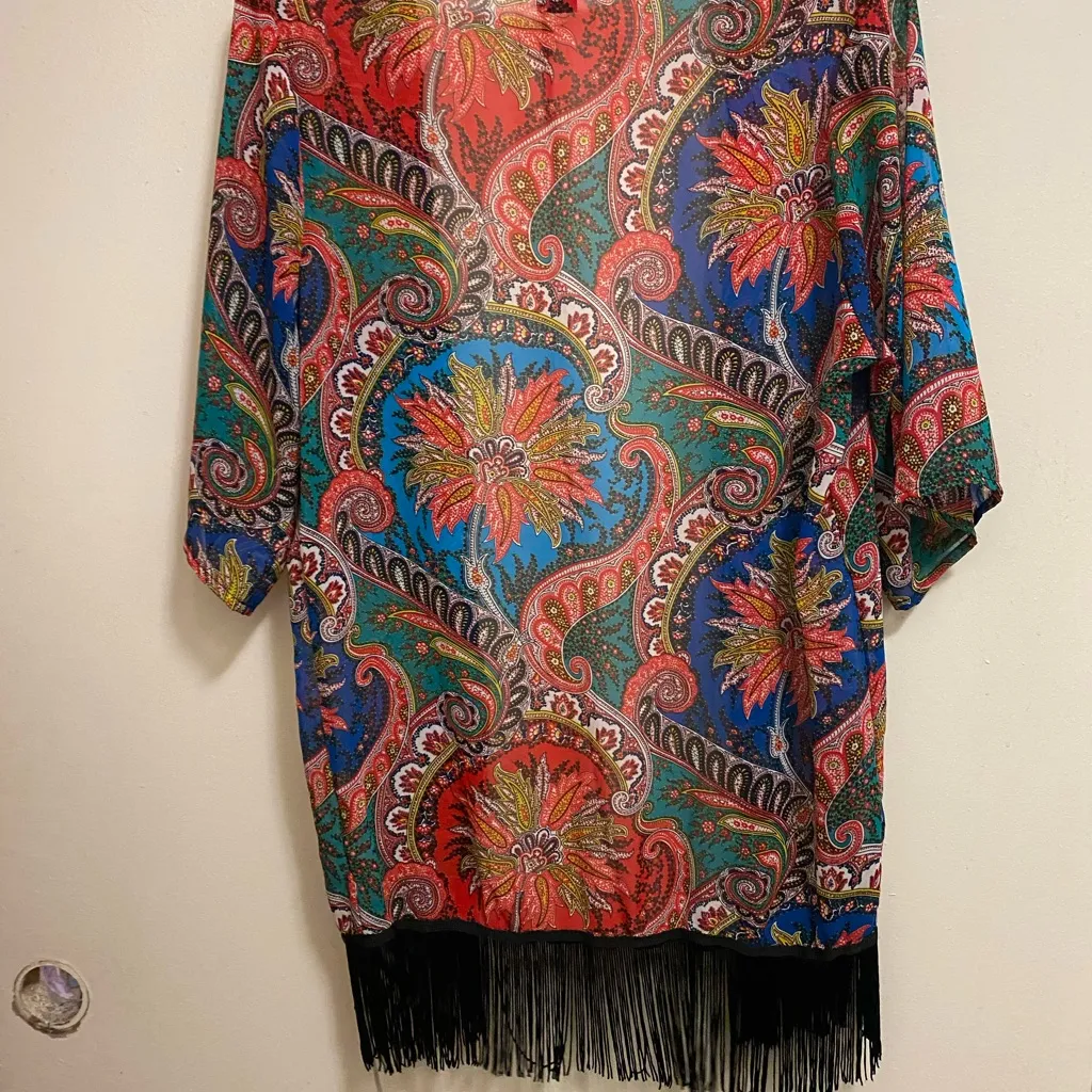 See You Monday Womens Sheer Cardigan XS Fringe Bottom Paisley Boho Multicolor - Image 6