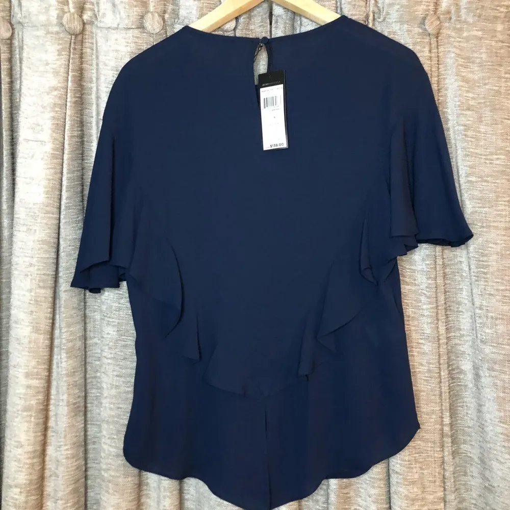 NWT BCBGMaxazria Navy Blue Ruffled Split-Hem Top - Image 4