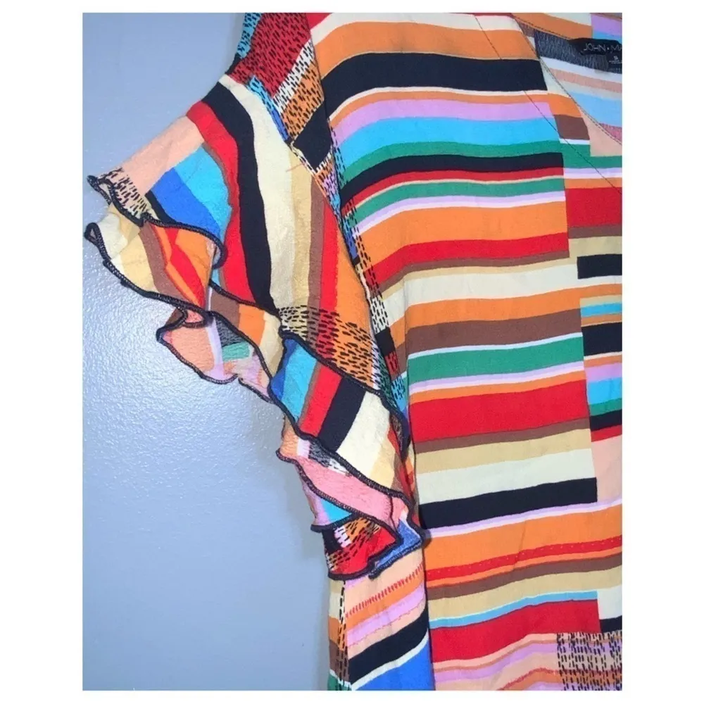 John Mark Colorful Short Ruffle Sleeves V-Neck Hi/Lo Hem Lightweight Blouse Sm - Image 5