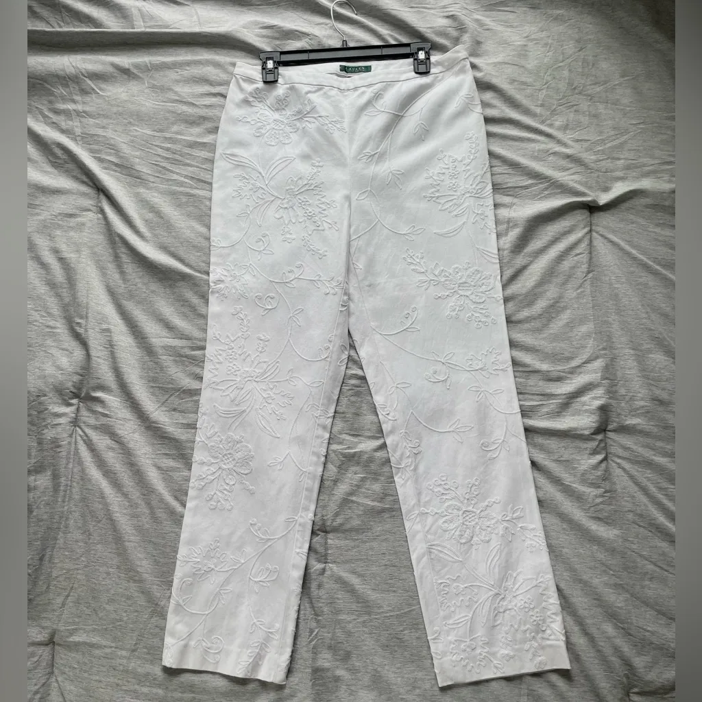 Lauren Ralph Lauren Floral Embroidered Pants White Womens Size 10 Preppy Beach - Image 2