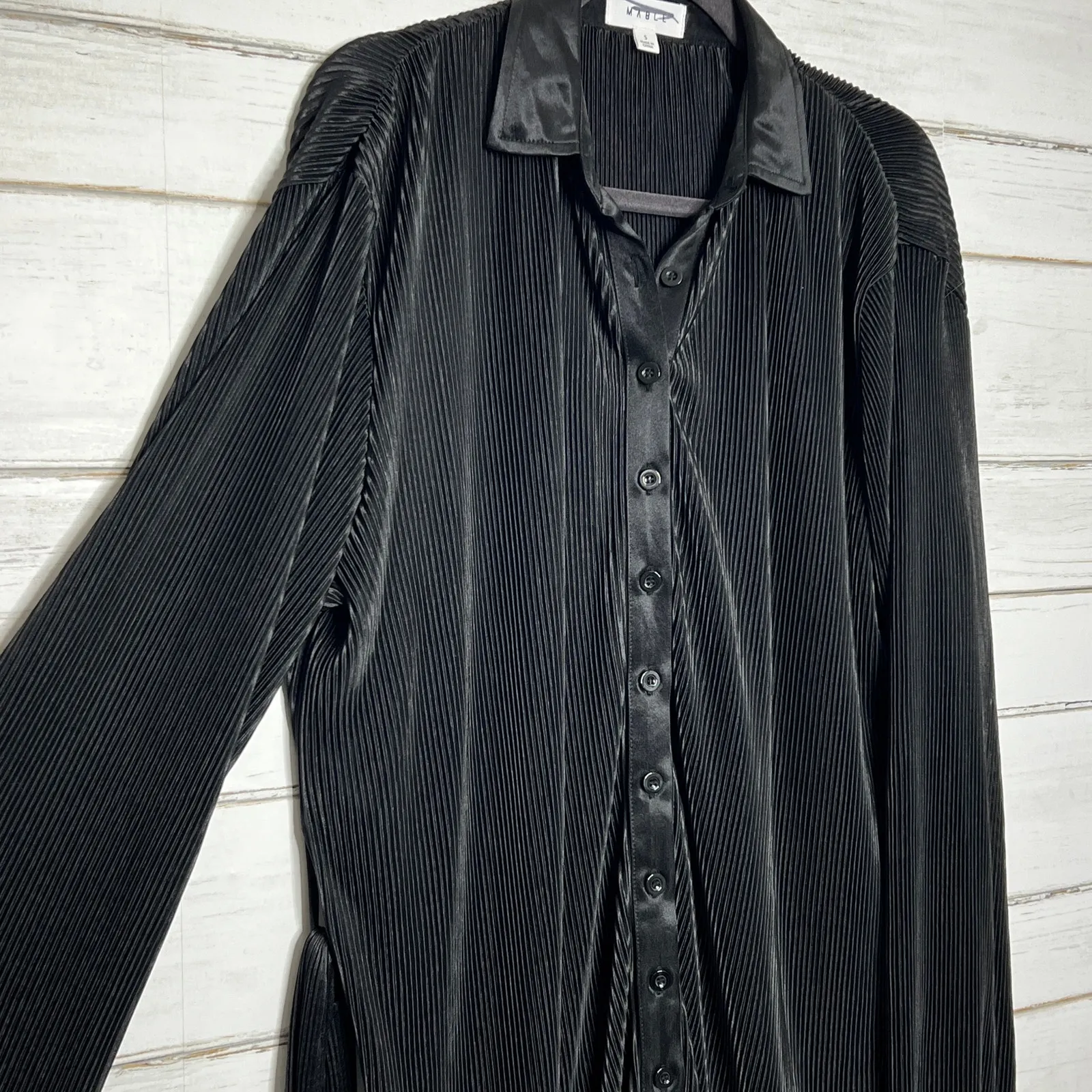 Mable Disco Plisse Mini Button Down Shirt Dress Black Size Small - Image 5