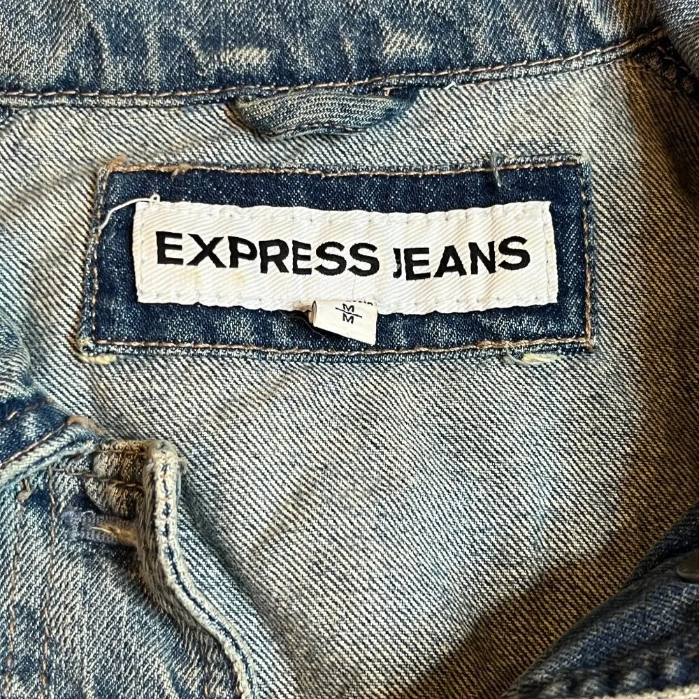 Express Distressed Denim Jacket M Y2K Edgy Grunge Streetwear Vibe Street Style - Image 4