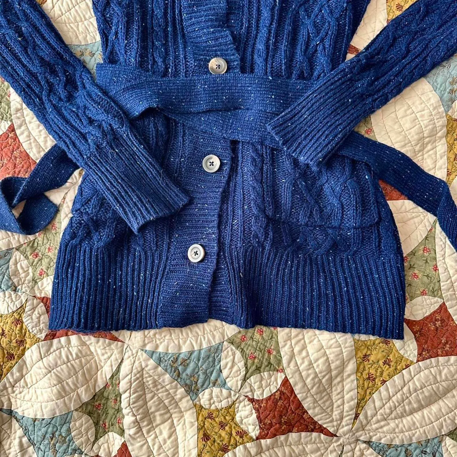 Vintage Y2K navy blue So cable knit hooded cardigan with belt Size L - Image 3