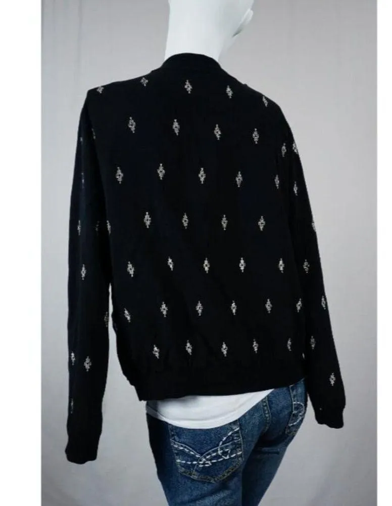 MOSSIMO Black Bomber Jacket w/ Silver Embroidered Aztec Geometric Design Size S - Image 3