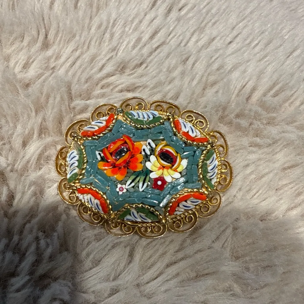 Vintage Gold Micromosaic Micro Mosaic Flower Design‎ Brooch Pin - Image 3