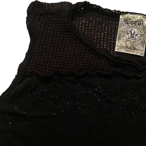 Y2K‎ Vocal Size S Jeweled Mesh Tank Top Black Distressed Grunge Alternative Goth - Image 3
