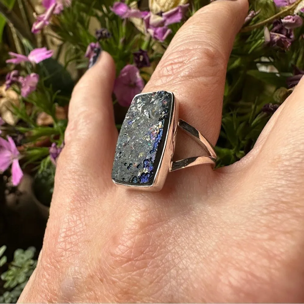 Ancient Roman Glass 925 Sterling Silver Ring Size 8 Black - Image 5