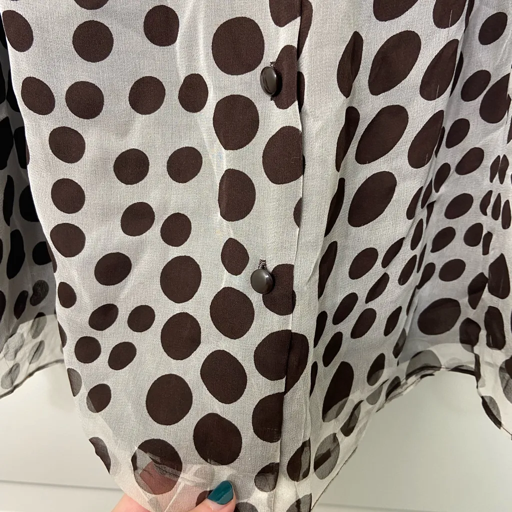 Alfani women’s brown 100%‎ silk white sheer polka dotted tie neck blouse size 12 - Image 4