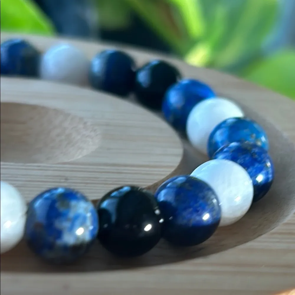 ✨ Handmade Lapis Lazuli + Moonstone + Black Obsidian Beaded Bracelet - Image 3