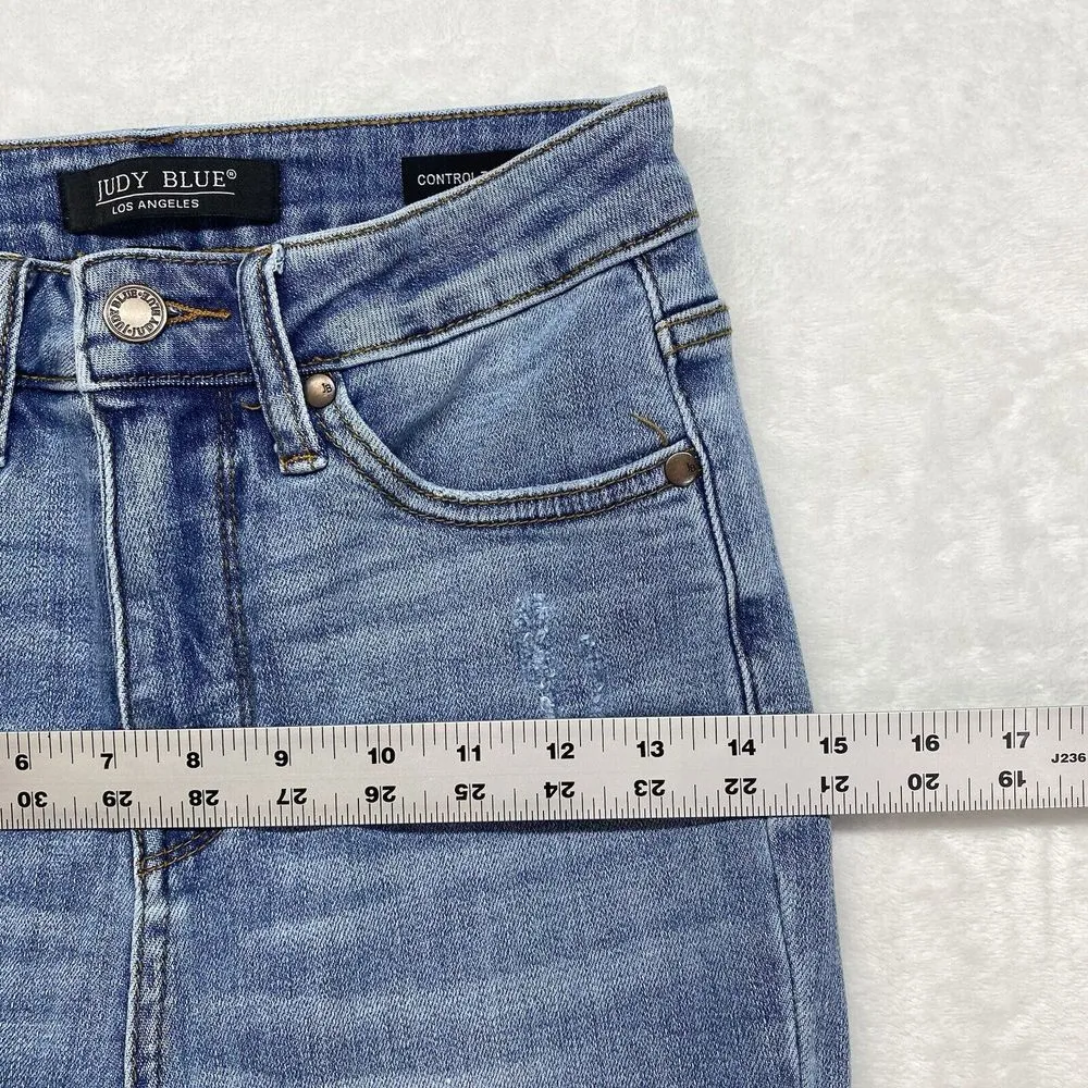 Judy Blue jeans Womens 3/2 Control top skinny Distressed High Rise‎ Blue Denim - Image 3
