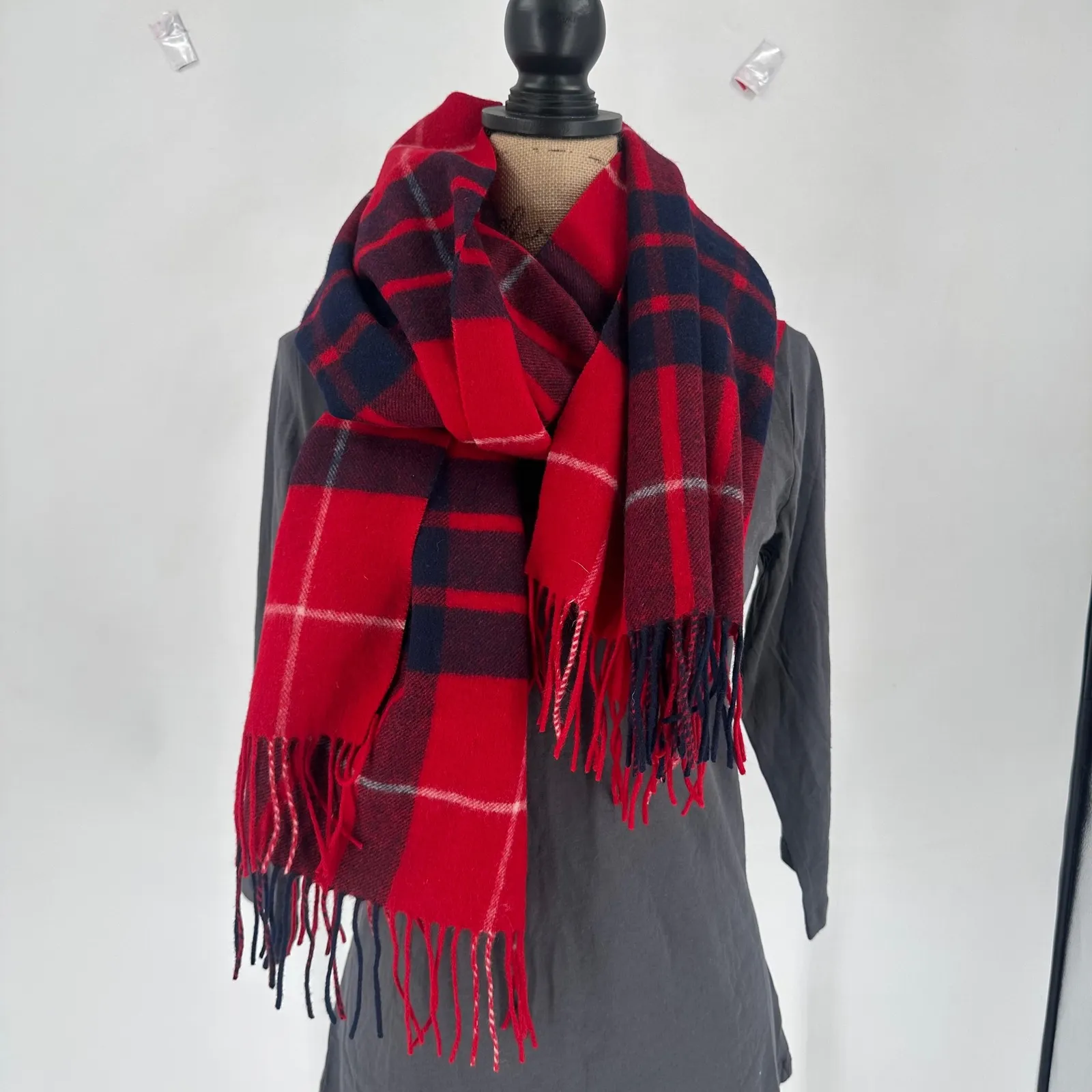 J. Crew Plaid 100% Wool Red Navy Fringe Women's blanket Scarf Red Tartan Stewart - Image 4
