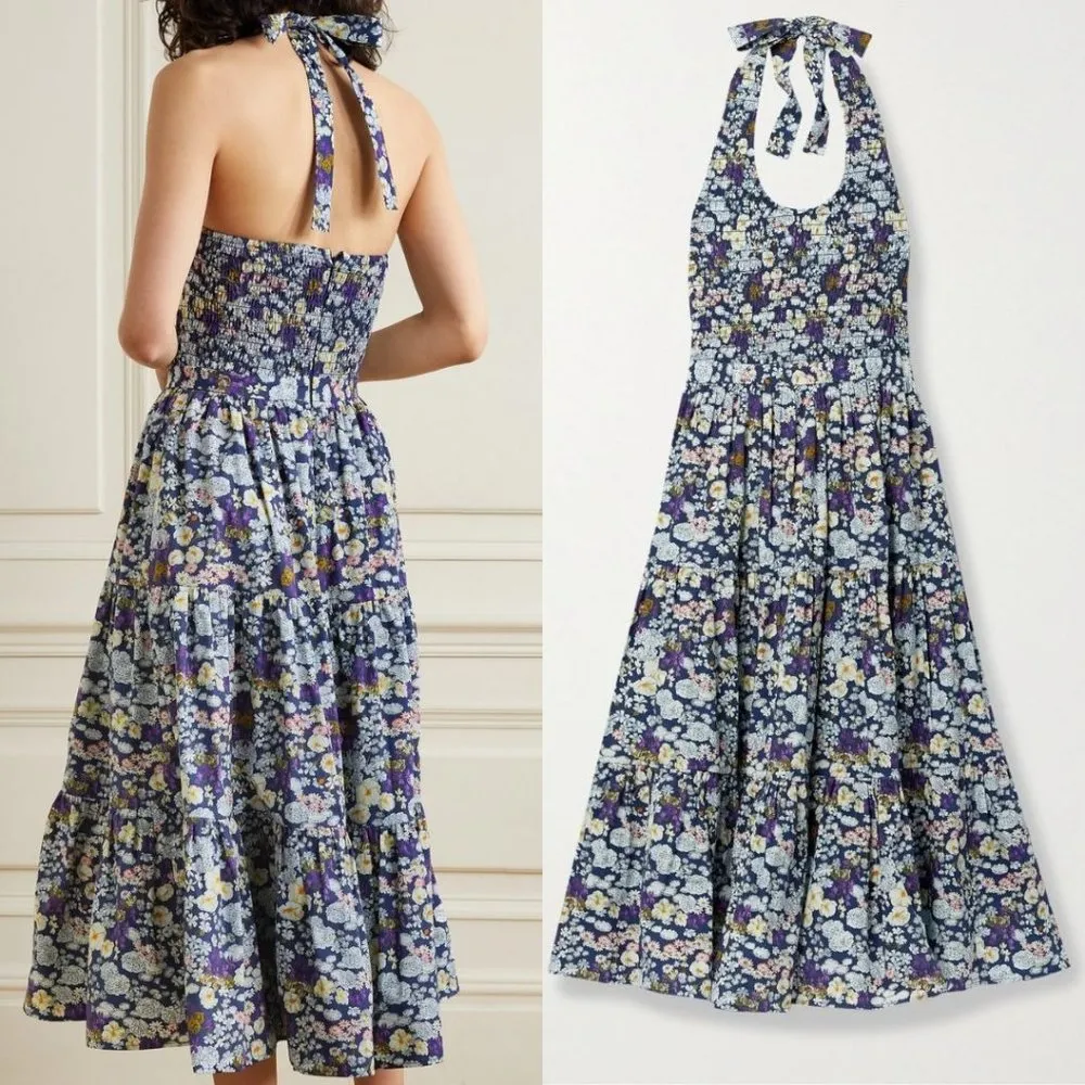 LES RÊVERIES Shirred Floral Fields Print Cotton Halter Midi Dress Les Reveries - Image 3