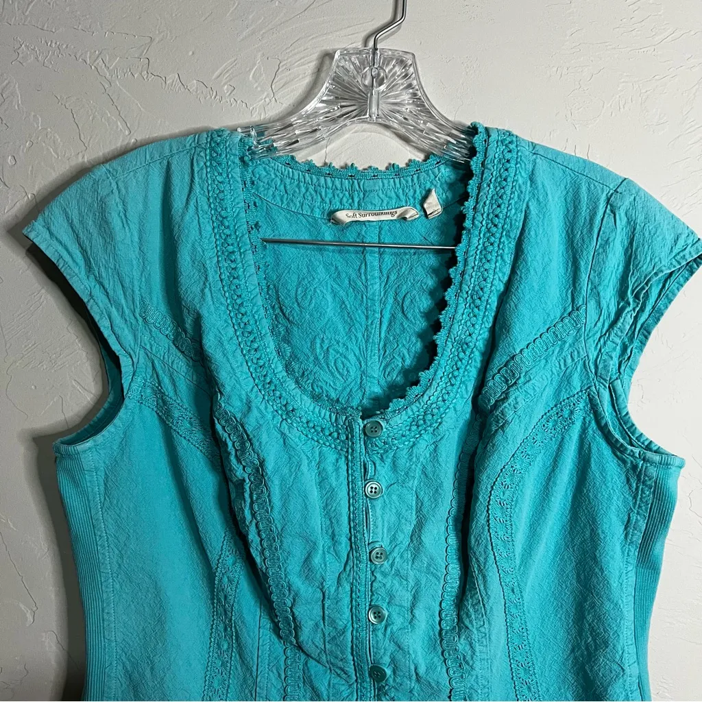 Soft Surroundings Taos Teal Blue Braided Embroidered Romantic Cap Sleeve Blouse - Image 3