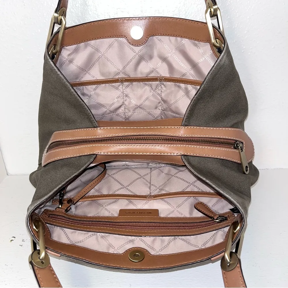 MICHAEL KORS Olive Camel Raven Canvas Leather Shoulder Tote Purse Handbag - Image 9