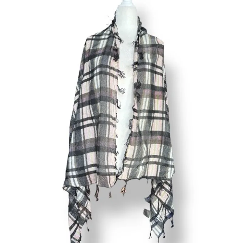 Roxy Neutral Plaid Lightweight Scarf Black Gray Cream Fringe Classic Accessory - Image 3