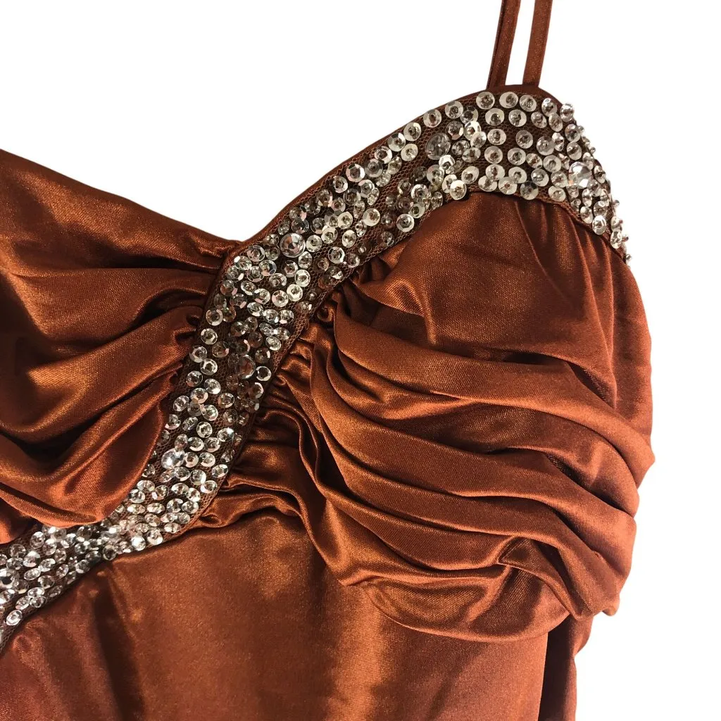 Hailey Logan Adrianna Papell Formal Dress Ruched Satin Rhinestone Copper Brown L - Image 2