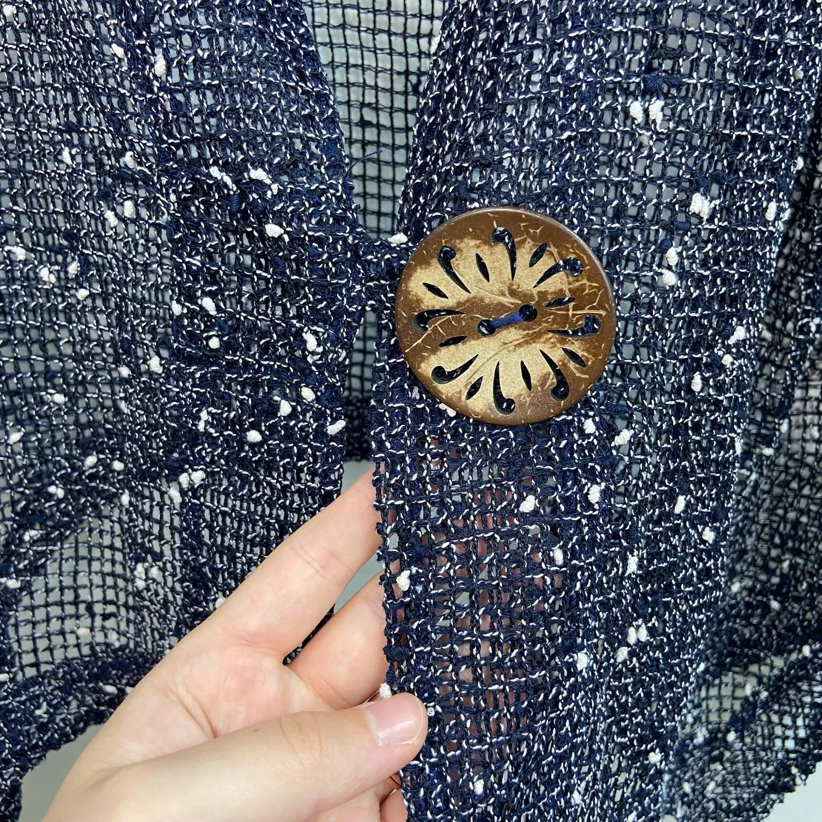 Nina‎ Leonard women's blue speckled lagenlook netted button cardigan lightweight - Image 3