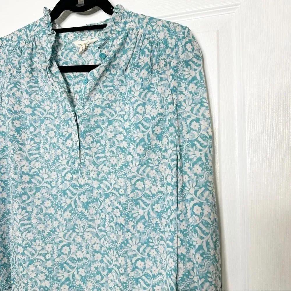 REBECCA TAYLOR Popover Blouse Turquoise White Floral Ruffle Collar Size 2‎ - Image 2