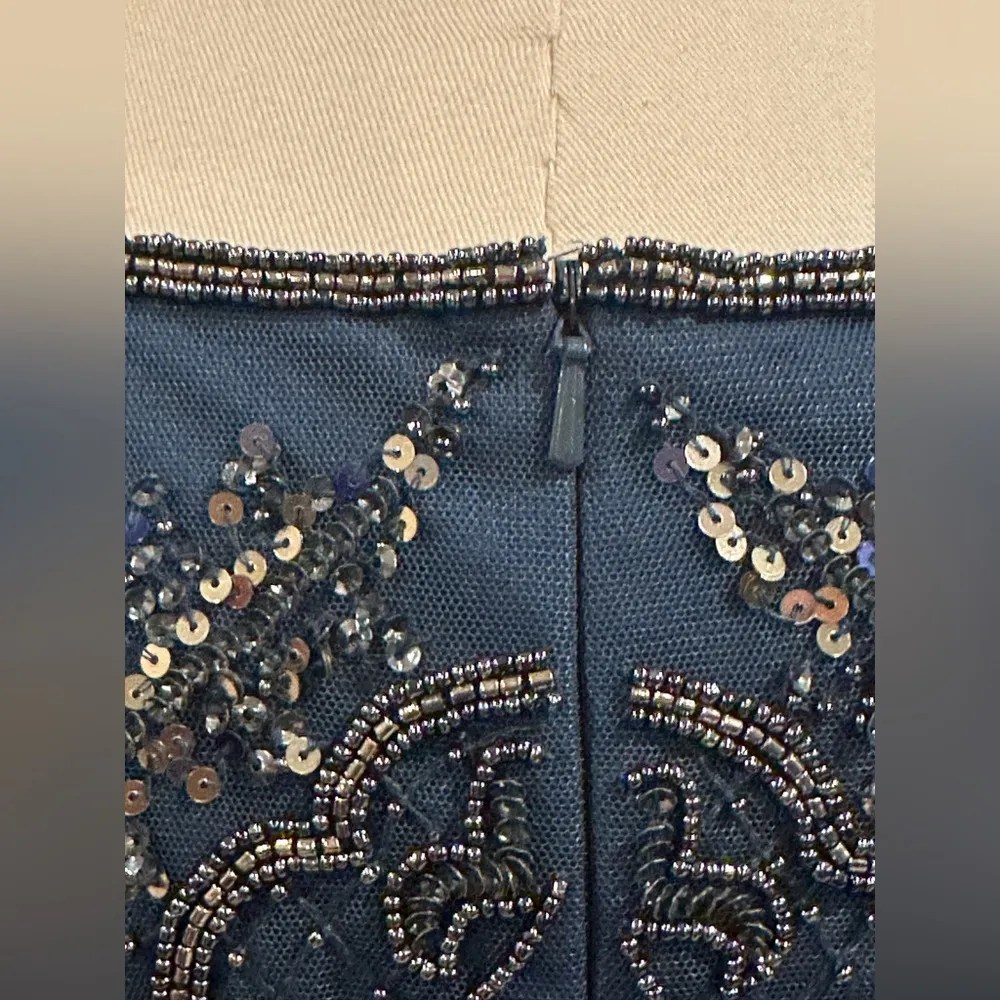 Pisarro Nights Blue Silver Gray Beaded & Sequence Mesh Midi Cocktail Dress Sz 2. - Image 9