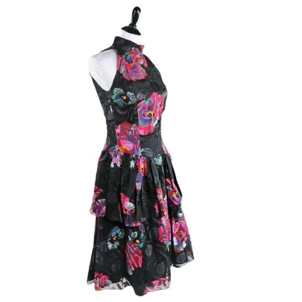 Vintage 1980s Black Floral Backless Cachet Dress By Bari Protas Medium - Image 2