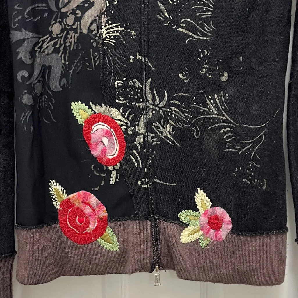 One Girl Who Black Floral Embroidered Full Front Zip Sweater - Image 6