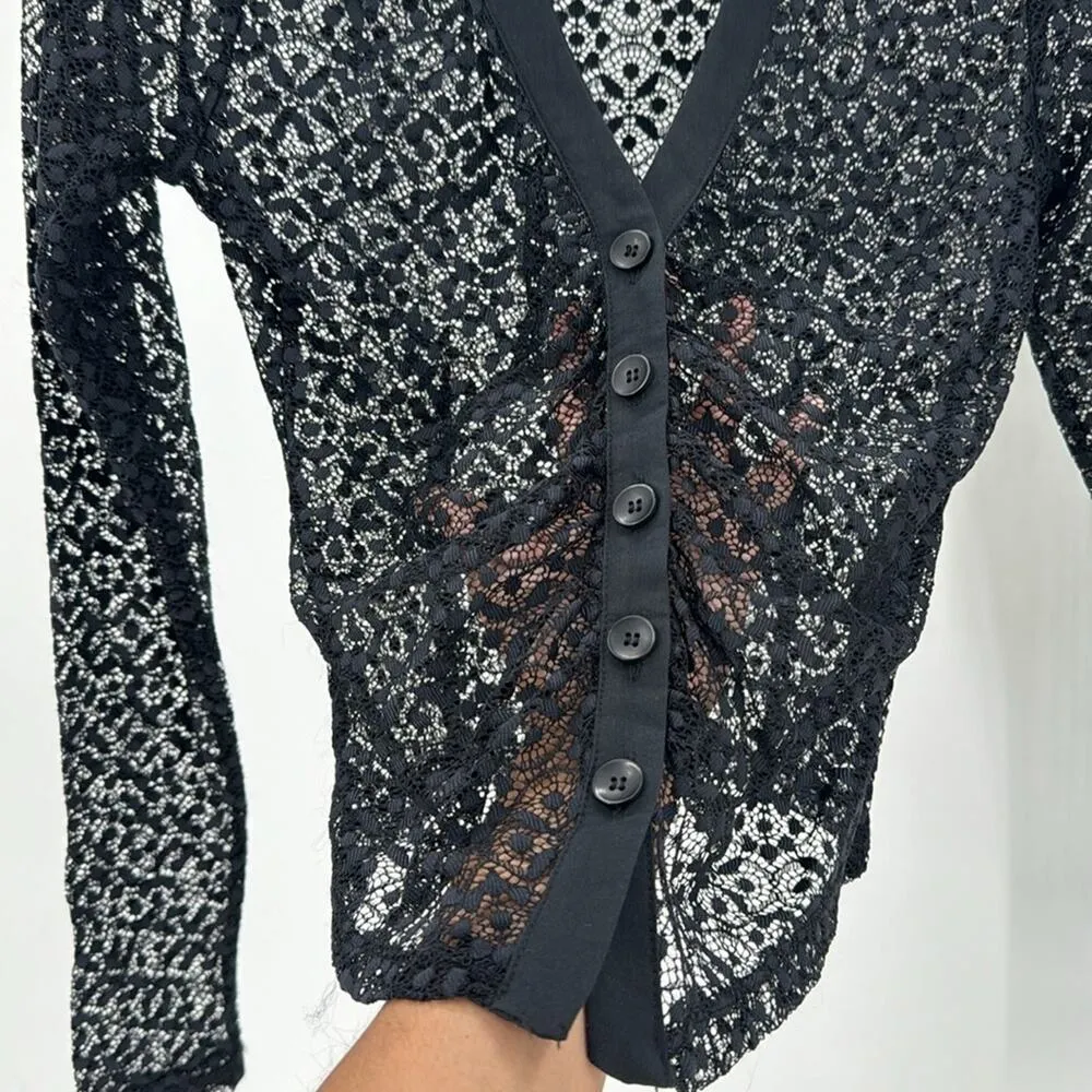 Maeve For Anthropologie Black Lace Button Down Blouse sexy  grunge goth size XS - Image 6