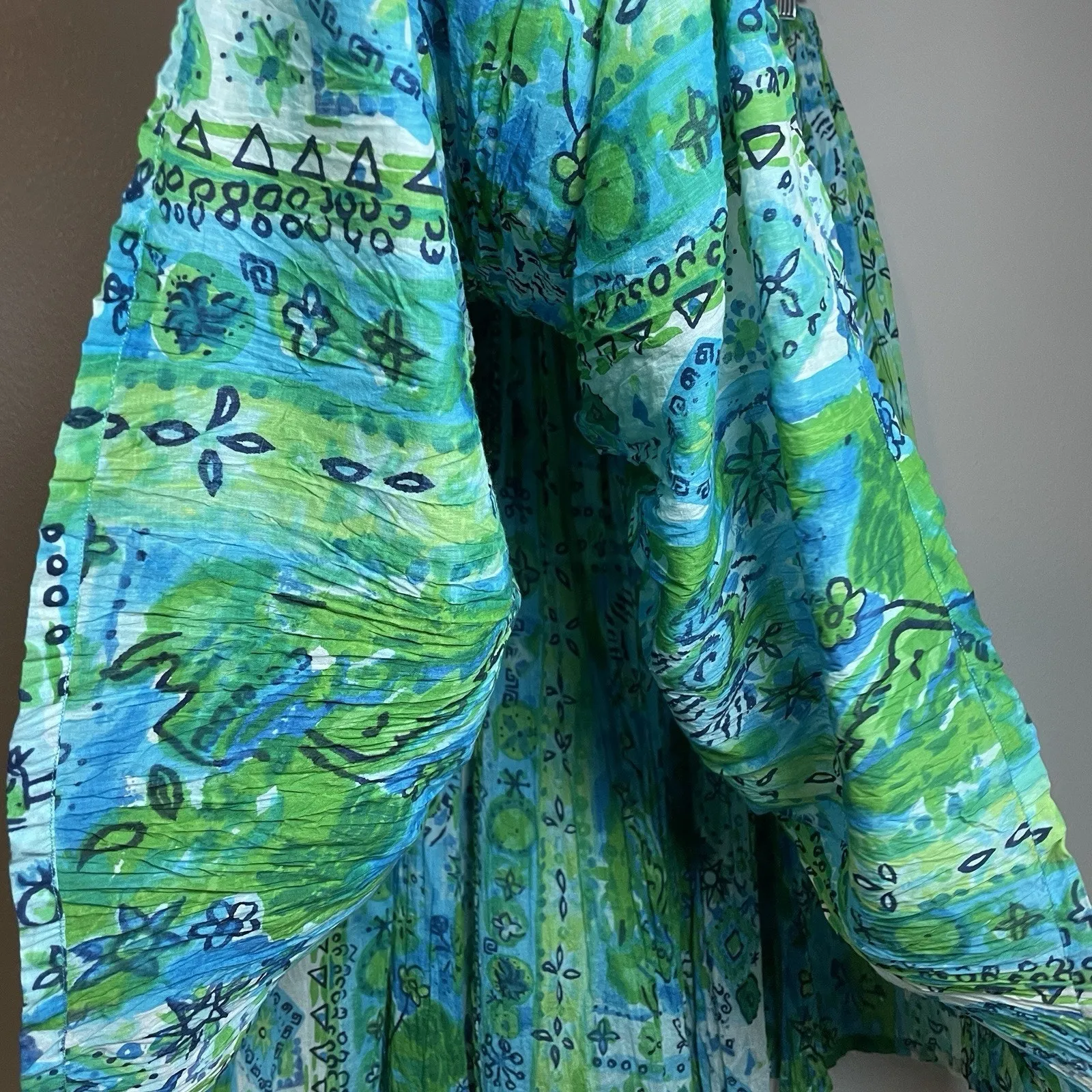 SANDY STARKMAN Large Blue Green Prairie Boho Crinkle Broomstick Long Maxi Skirt - Image 3