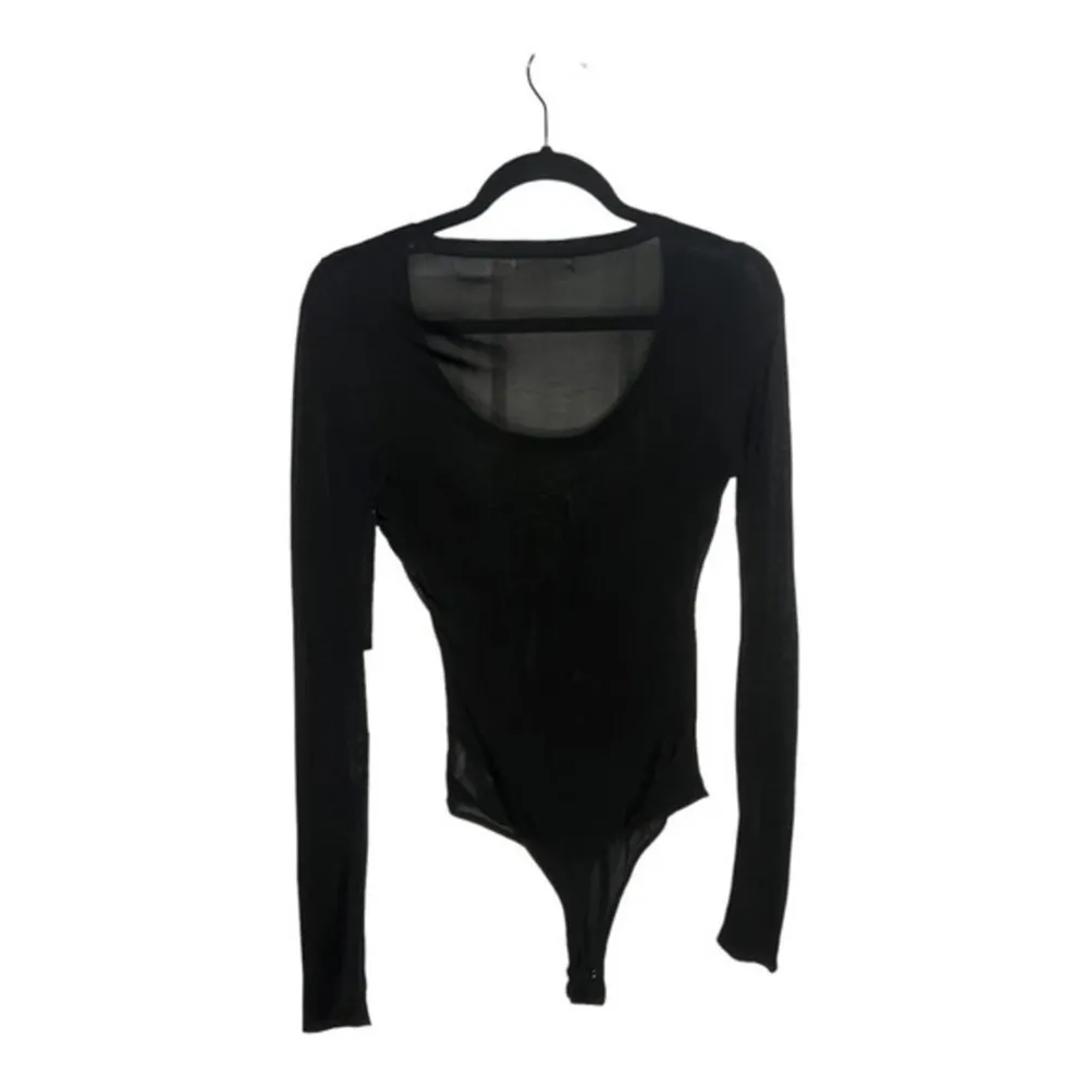 Good American Black Sheer Mesh Long Sleeve Scoop Neck Bodysuit Size 1/Small NWT - Image 5