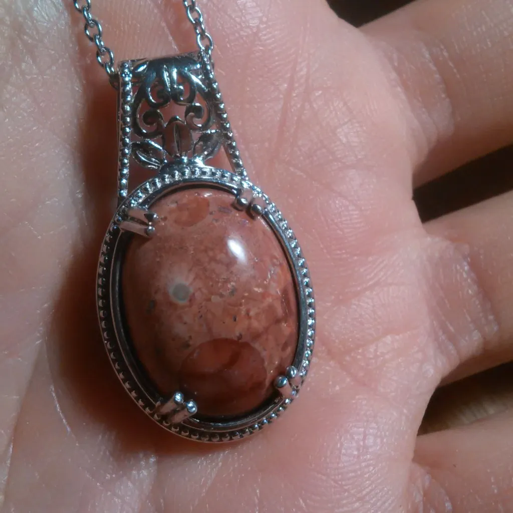 Poppy Jasper Solitaire Platinum Over Copper Pendant Stainless Steel Necklace - Image 11