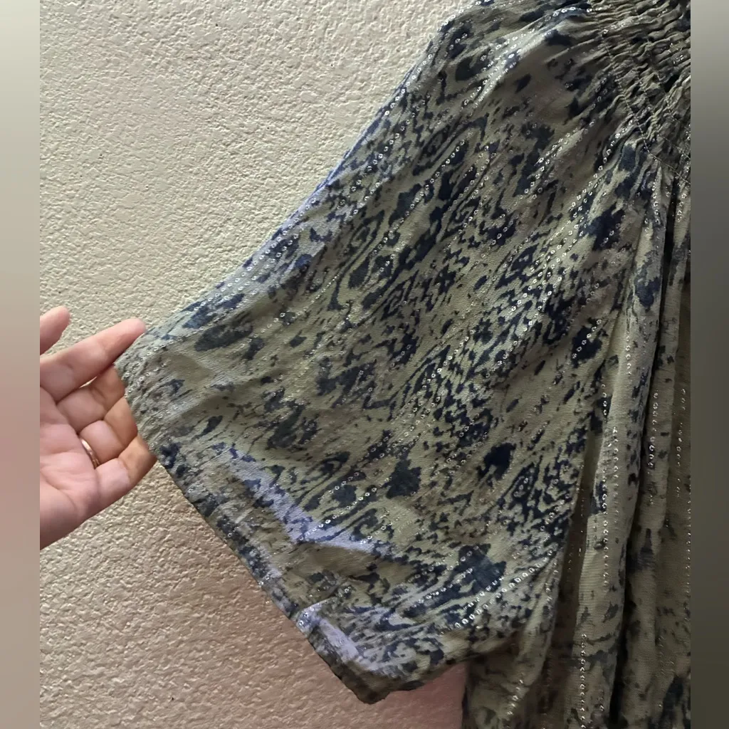 Zara Eoman Women’s Smocked Mock Neck Metallic Threads Blouse XS Green - Image 3