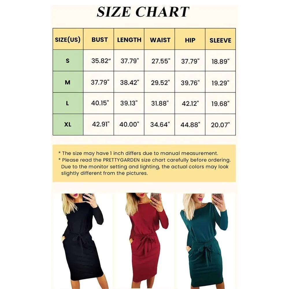 NEW Casual Long Sleeve Belted Pocket Sheath Pencil Dress S - Image 3