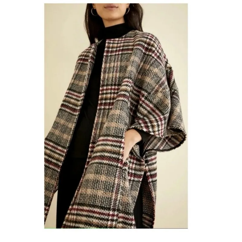 Eva Franco Plaid Wool Blend Kimono Coat Wrap Jacket XS/S Oversized - Image 2
