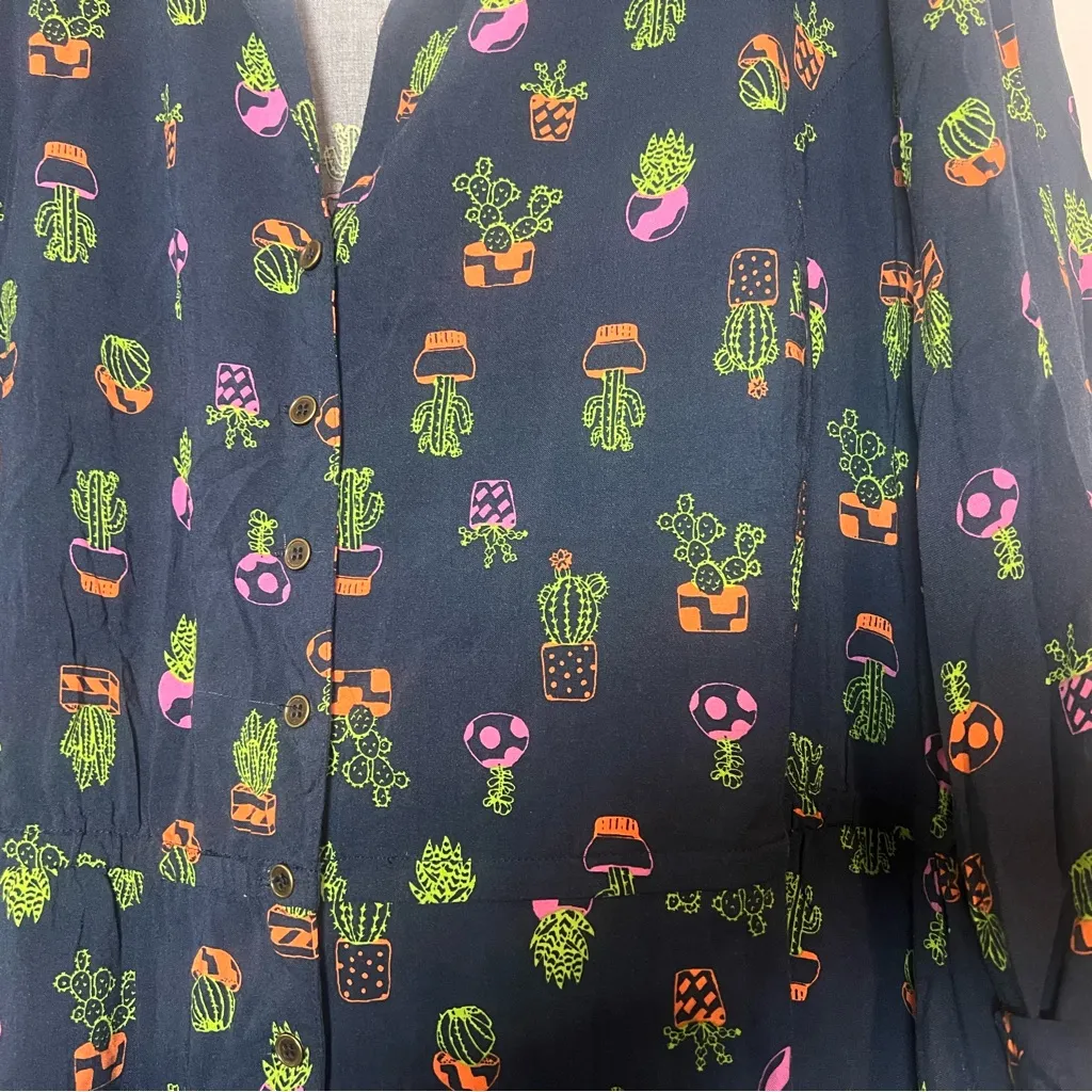 ModCloth Romper Cactus Plant Navy Blue Size 4X Long Sleeve Collared NWT - Image 6
