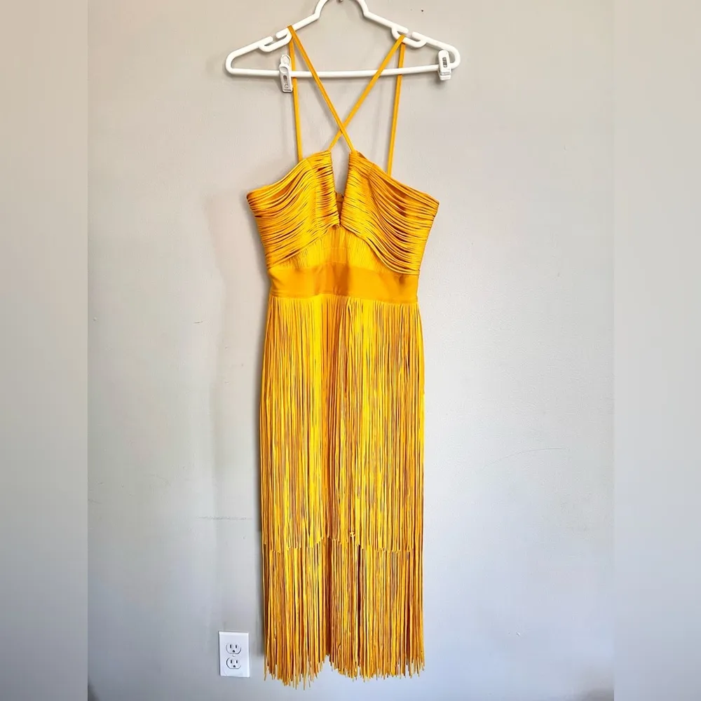 NWOT Herve Leger  Plunging Strappy Fringe Bandage Midi Dress In Marigold Size M - Image 4