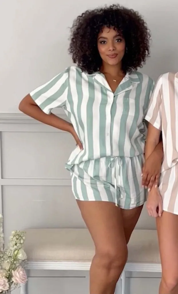 Birdy Grey Striped Button-Up Pajama Set, Green and White, Size XL - Image 1