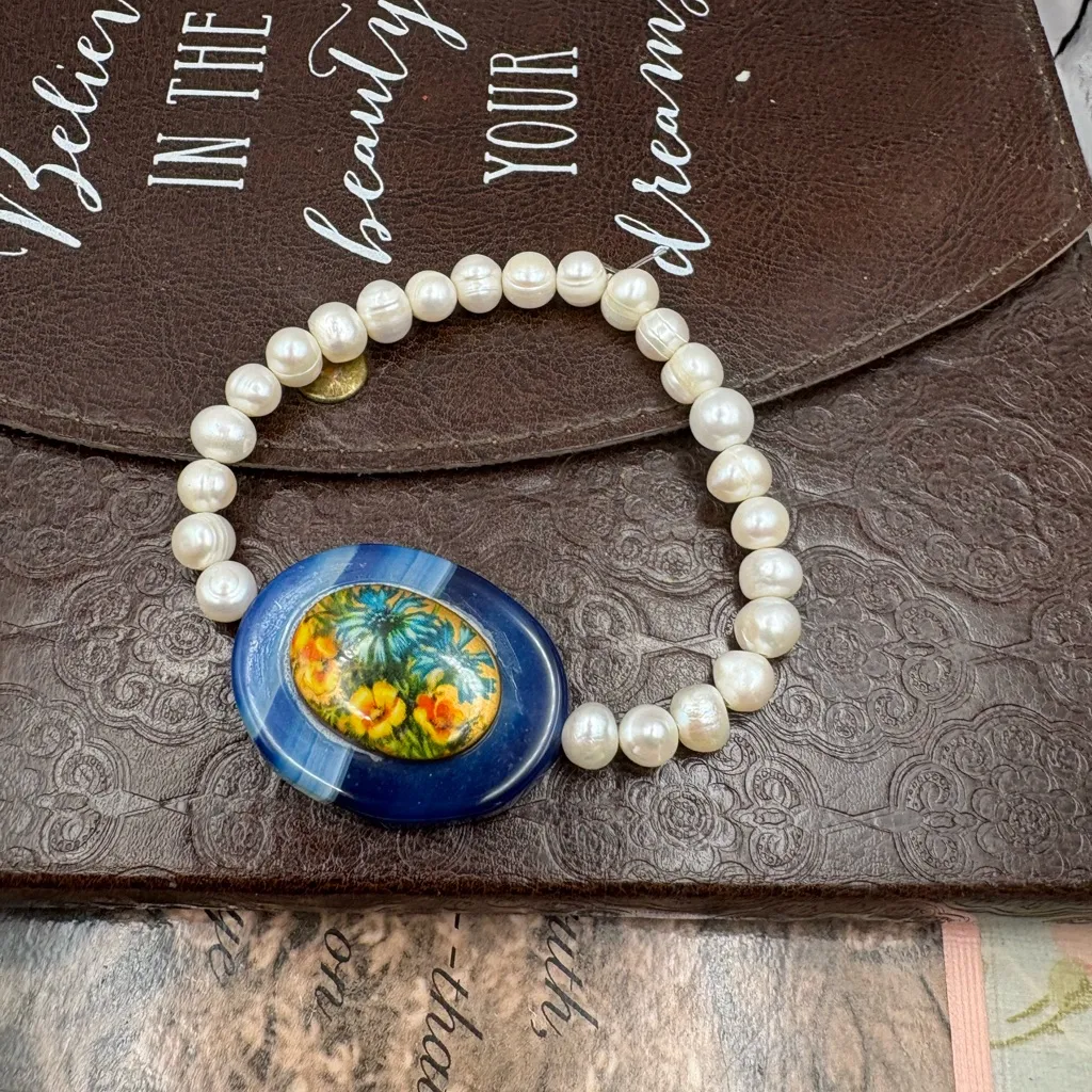 Pearl & Blue Agate Bracelet w/ Vintage Floral Cabochon Boho Indie Jewelry - Image 4