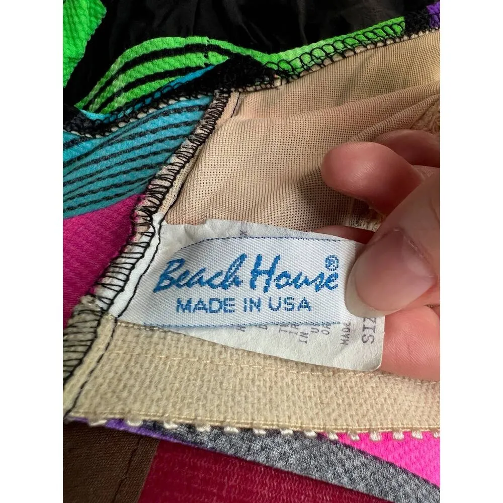 swimsuit one piece striped Vintage 1990s shorts hot pink blue green Size 12 - Image 11