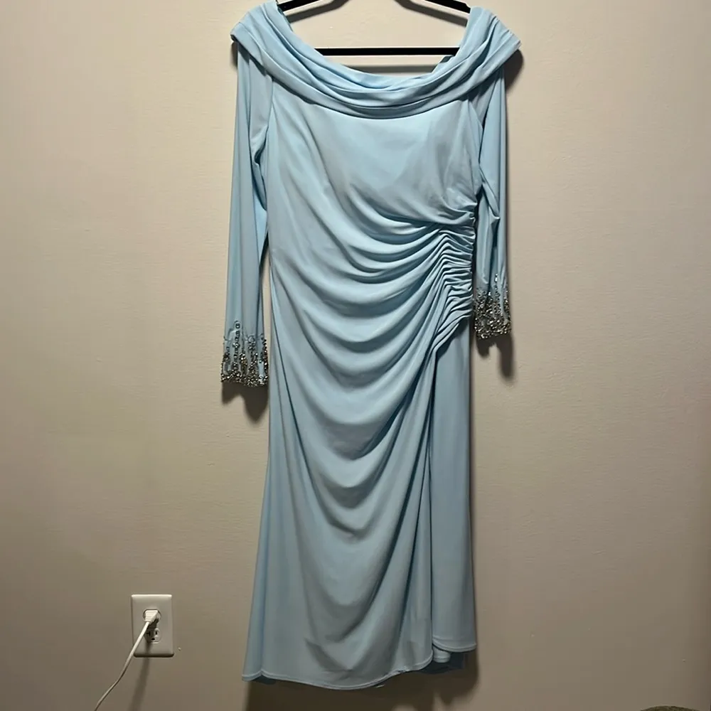 IEENA FOR MAC DUGGAL Powder Blue Foldover Long Sleeve Jeweled Midi Dress,Size 12 - Image 4