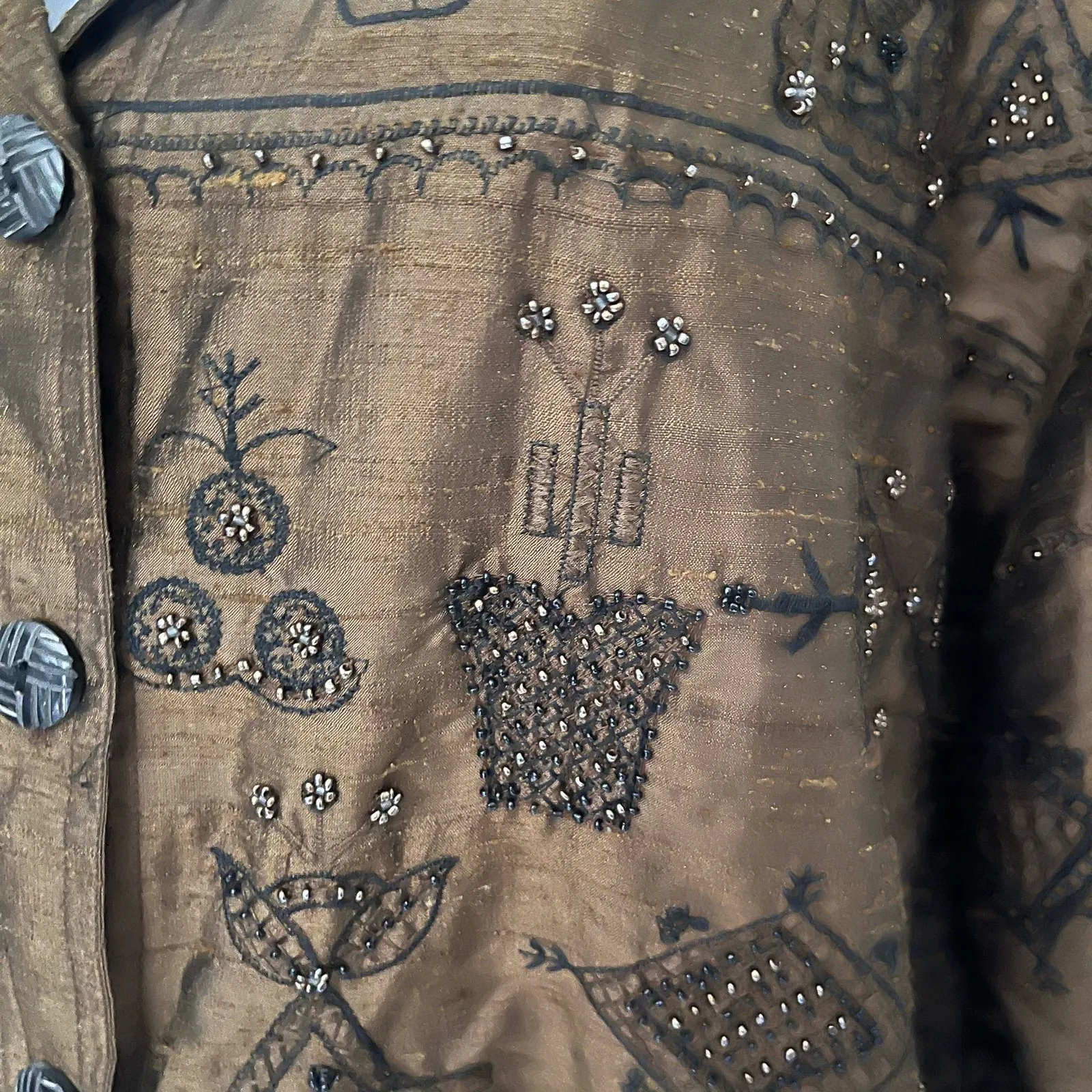 Vtg Chico's Silk Beaded Womens Jacket Sz 16 Boho Artsy Witchy Lagenlook Olive 90 Green - Image 8