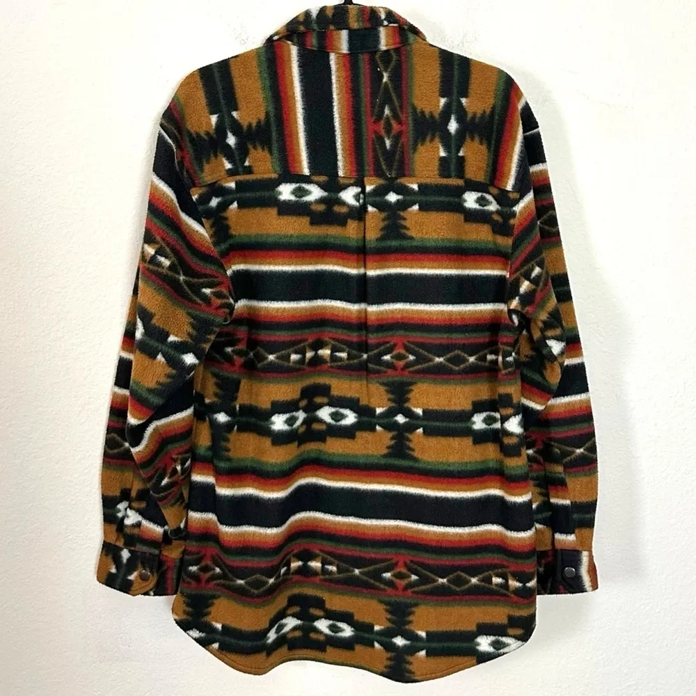 Vintage 90s Southwestern Aztec Shacket Size Large Western Bohemian Snaps Pockets Brown - Image 2
