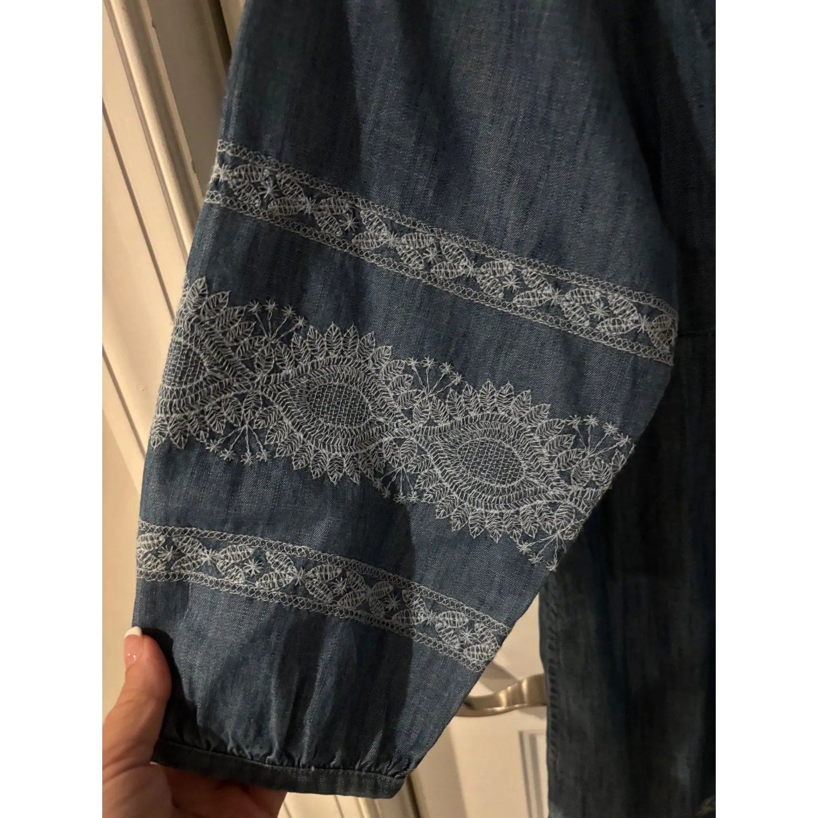 J‎ Jill Embroidered Denim Dress Blue 3/4 Sleeve Casual Boho Chic Sz Small - Image 3