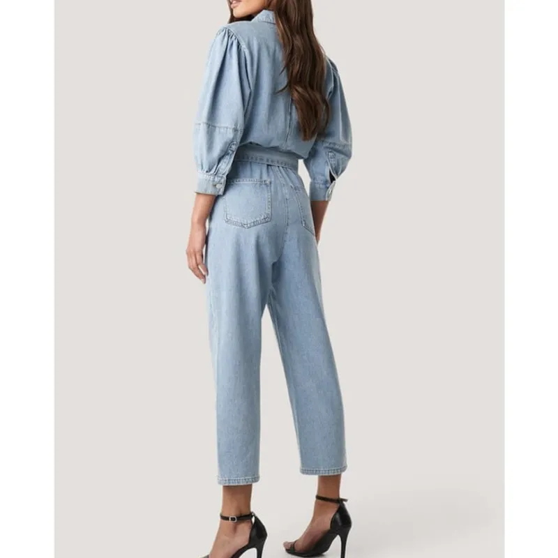 NA-KD NWT Cotton Denim Jean Belted Puff Sleeve Button Collard Denim Jumpsuit - Image 7
