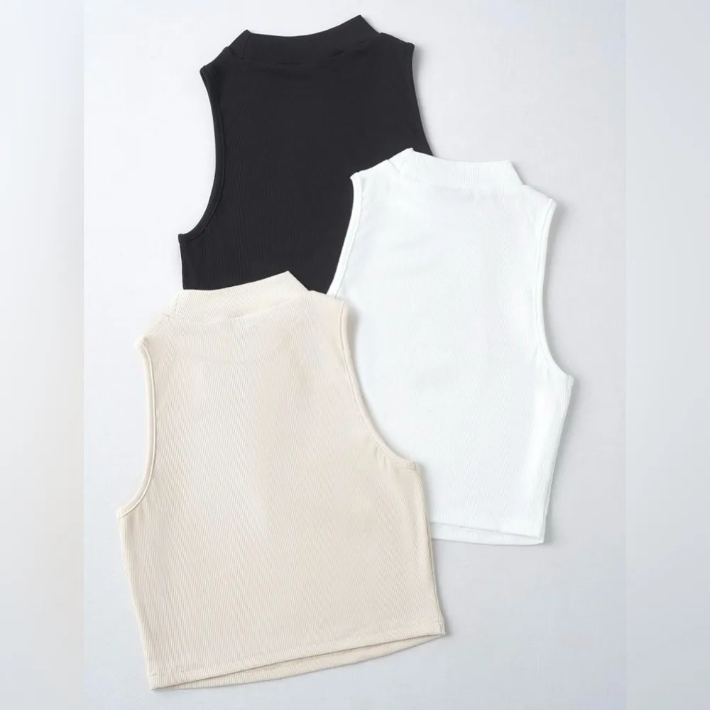 3 Pack Mock Neck Ribbed Crop Tank Tops Women’s Sz M NWOT Black, White & Cream Size M - Image 2