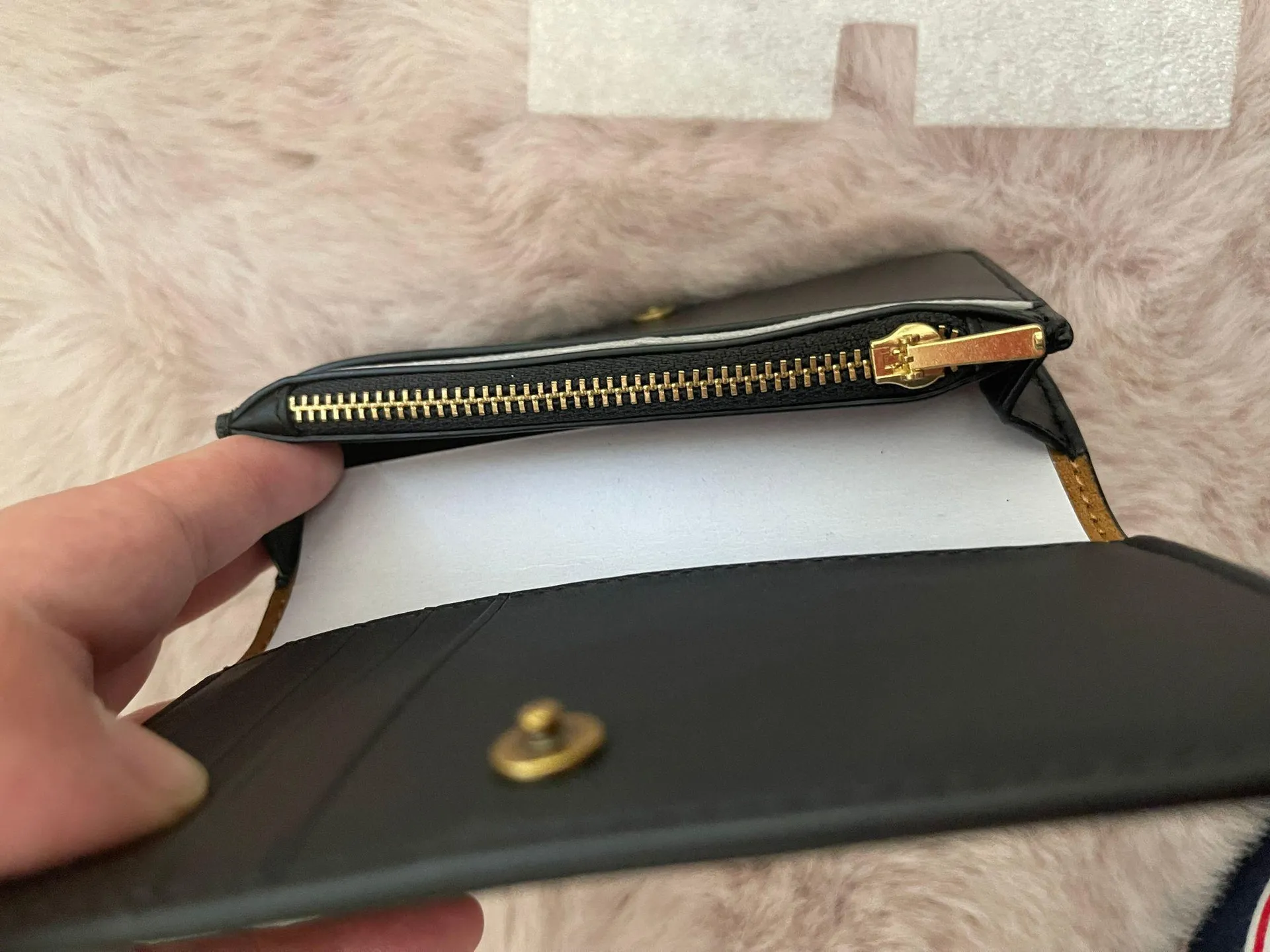 Slim Card Case Bifold Snap Wallet in Brass/Black Smooth Calf Leather NWT - Image 3